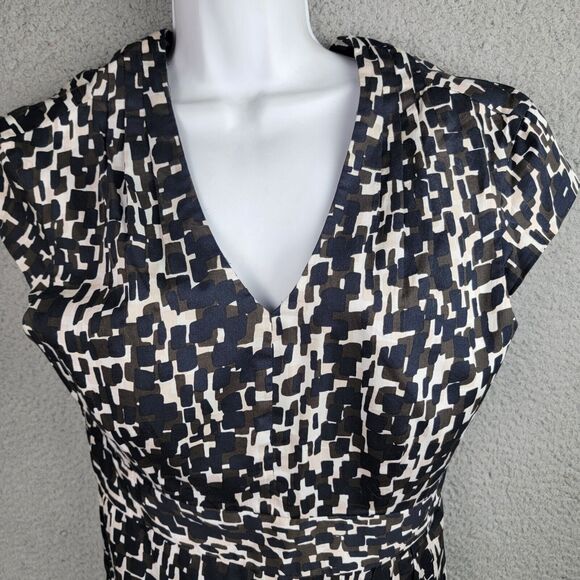 Ann Taylor Dress Womens 8 Black Brown Cream Geometric V-Neck Corpcore Siren - Picture 6 of 16